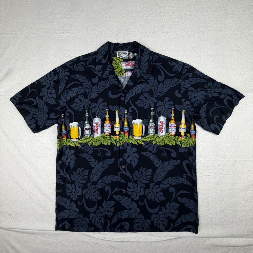 Aloha Republic Mens XL Beer Bottle Tropical Hawaiian Shirt Black Cotton Hawaii